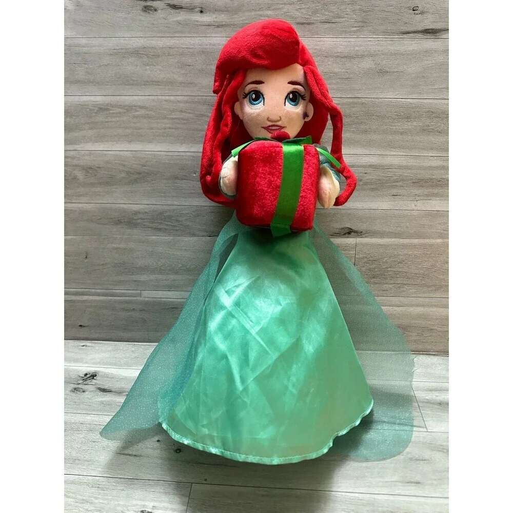 Disney  Ariel Plush Doll with Red Hair & Green Dress Holding Red Gift